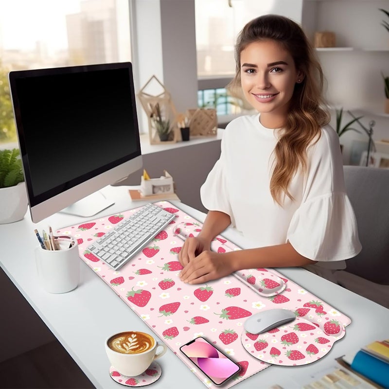 LIMKRIAN Strawberry Mouse Pad Desk Mat Set, Pink Ergonomic Mouse Pad with Wrist Rest, Large Gaming Mousepad Wrist Support Keyboard Mat Cup Coaster Set, Cute Office Desk Decor Accessories Supplies - Image 2